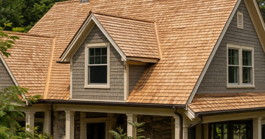 Completed natural cedar shingle roofing system on a residential home.