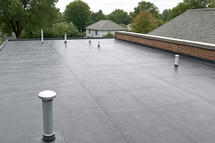 Newly installed grey EPDM rubber flat roof providing weather resistance for a commercial building