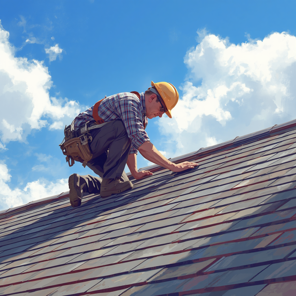 Roofer inspecting asphalt shingles on a residential roof in Greater Boston, Massachusetts.