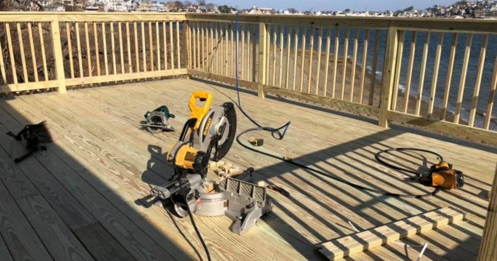 Waterfront deck construction and installation in progress
